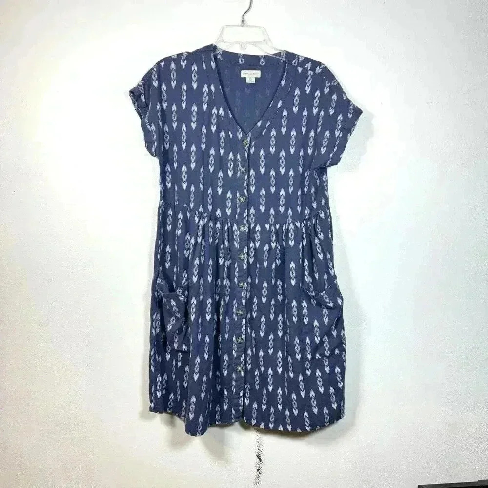 Peyton & Parker Blue White Ikat Print Cap‎ Sleeve Casual Summer Dress Size XS